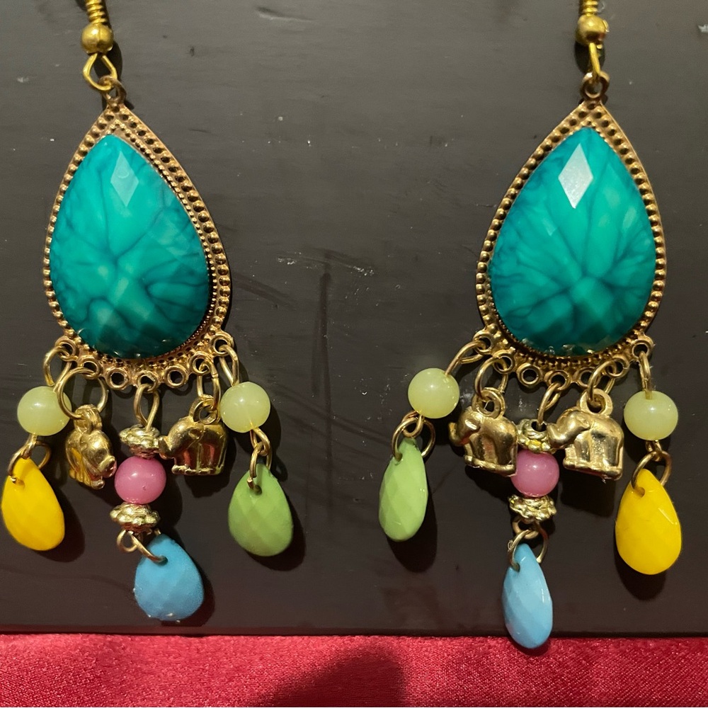 Gold and Blue Chandelier Earrings - Picture 2 of 5
